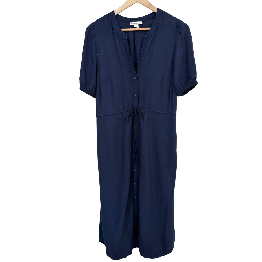 Amazon Essentials Midi Dress M Navy Blue Short Sleeve Drawstring Button Front